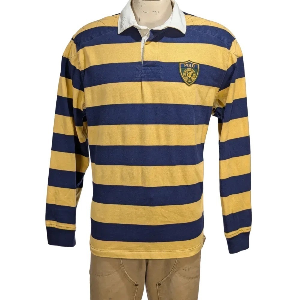 Polo Ralph Lauren Men's Vintage Striped Rugby Shirt Crest Custom Fit Sz XL EUC